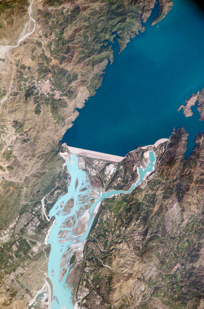 NASA satellite image of Tarbela Dam and reservoir in Pakistan